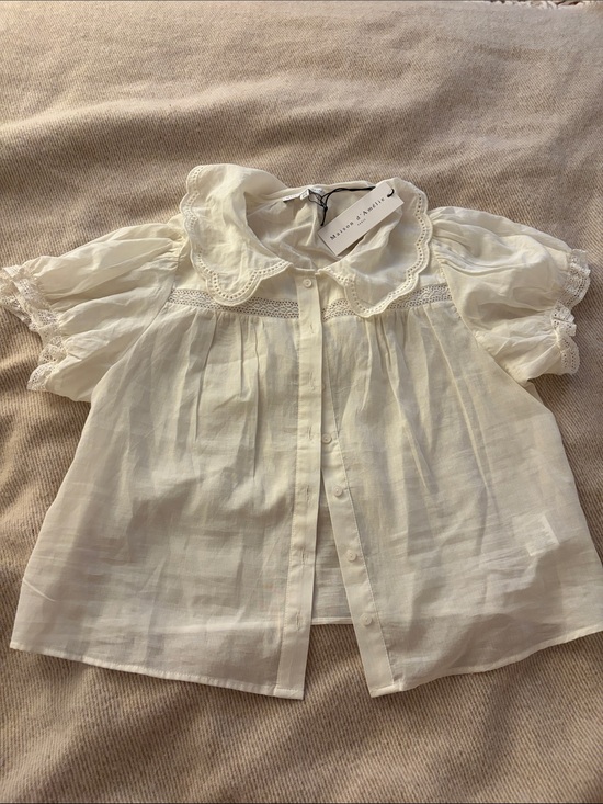 Maison D’Amelie Tops - NWT MAISON D’AMELIE Cream Lace-Trim Puff Sleeve Blouse Size Medium 100% Cotton